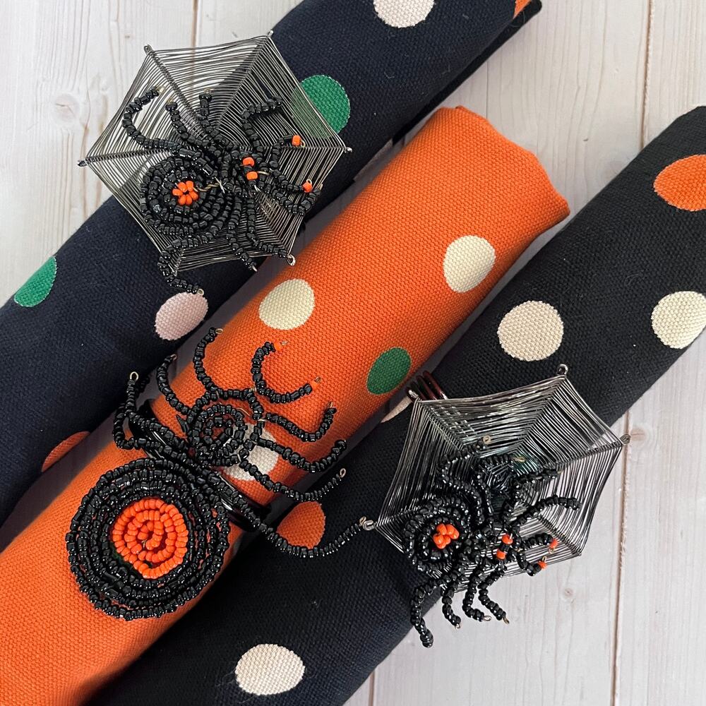 Lot of 3 Black Widow Spider Napkin Rings & Napkin Set Halloween Spooky Polka Dot
